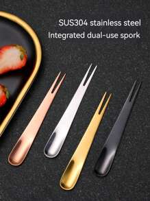 1 件不锈钢二合一叉勺，创意多用途蛋糕/沙拉/水果镀金餐具，学校用品 - 彩色 - 查看 4