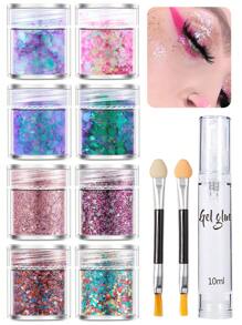 11pcs/Set (8 Colors Glitter Gel + 1 Gel Pen + 2 Brushes) Holographic Body Glitter Gel - 8 Colors, For Women's No-Glue Shiny Makeup, Large Mermaid Sequins Makeup, For Face, Hair, Eyes, Great For Festivals, Parties And Makeup Play Accessories.