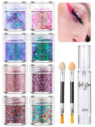 11 قطعة / مجموعة (8 ألوان من جل اللامع + 1 قلم جل + 2 فرش) جل اللمعان هولوغرافي للجسم - 8 ألوان، لمكياج المرأة نوعاً ما دون الحاجة للغراء، تحتوي على تطريزات الحورية الكبيرة، مناسبة للوجه والشعر والعينين. مناسب للحفلات والمكياج، وملحقات اللعب