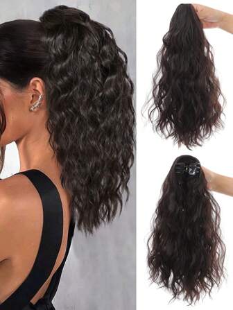 16 Inch Wavy Black-Brown Ponytail Extension, Claw Clip Ponytail Hair Extensions Long Curly Ponytail Synthetic Clip In Fake Pony Tail Hairpieces For Women Daily Party