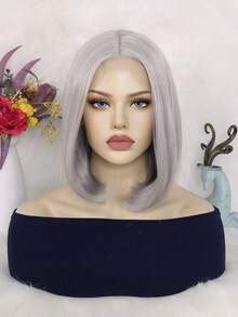 6*4*1 T 部分高清蕾丝优质合成 BOB 女士假发，直发银灰色假发，12 英寸短合成蕾丝前假发，预拔自然发际线高清透明蕾丝假发，中分款式耐热高温纤维发丝，150% 高密度时尚百搭假发，每日万圣节角色扮演假发，非常适合时尚女性和 1 件假发帽 - 淺灰色 - 查看 4