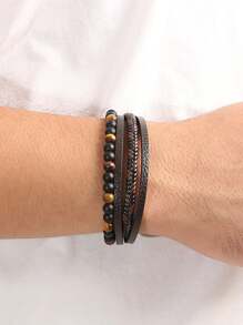yijiangbeiting 復古男士手編天然黑曜石手鍊,珠狀虎眼石皮革手編多層疊戴手鍊 - 彩色 - 查看 7