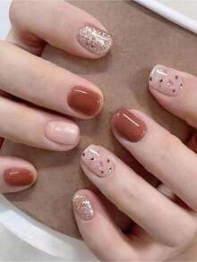 ARTAUG 24入組半成品預壓假指甲,短方形焦糖棕色香檳閃光,全蓋式假指甲套裝,1支指甲油透明掛片&1支指甲膠貼套裝,適用於女孩母親女性禮物和指甲用品&批發&聖誕&萬聖節&感恩節&母親節和情人節禮物,美白指甲美甲套裝,適用於節日、派對、約會和日常穿著 - 彩色 - 查看 2