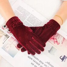 女用針織保暖天鵝絨五指手套,冬季 - 酒紅色 - 查看 3