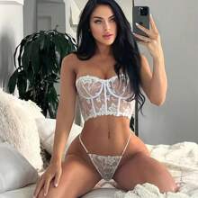 Coordinado Blanco Bralette Corset Lenceria Tang Conjunt Sexy - Blanco - Ver 4
