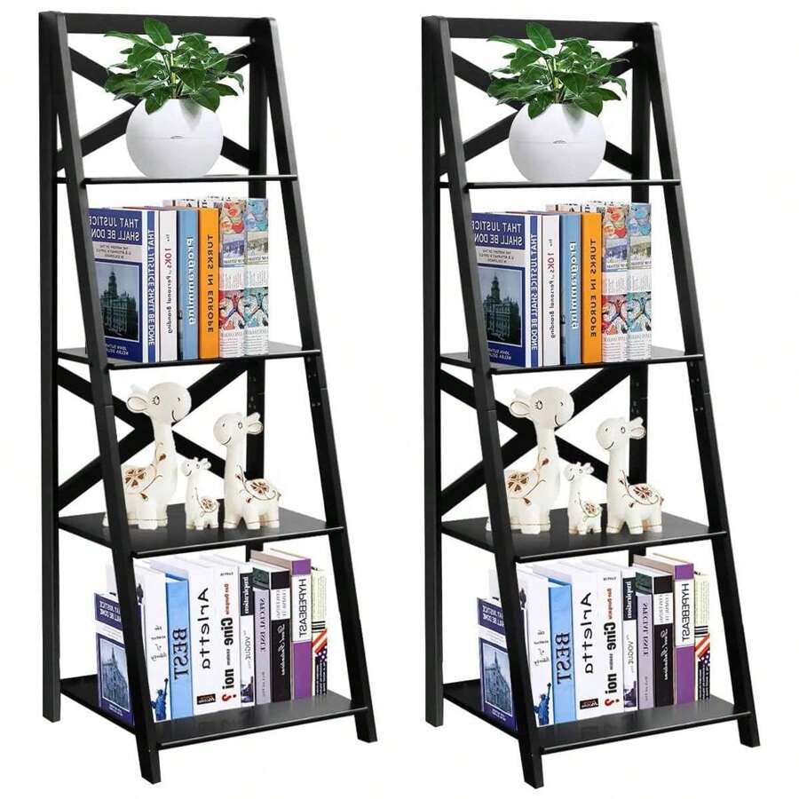 4 Ebenen Leiterregal, Standregal Bücherregal Holz, Treppenregal für Wohnzimmer, Küche, Badezimmer & Buchhandlung (2, Schwarz) - Braun - Übersicht 1