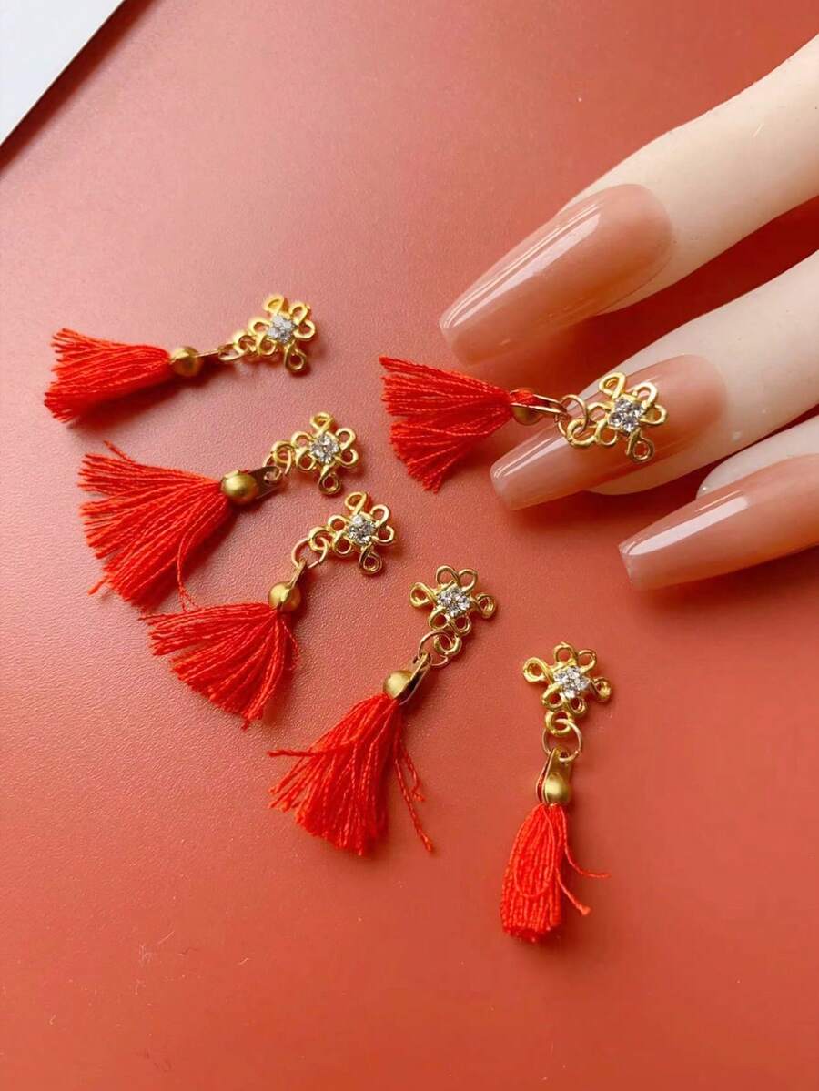 1袋6入新年鋁合金指甲裝飾紅燈籠蝴蝶結指甲流蘇 - 彩色 - 查看 1