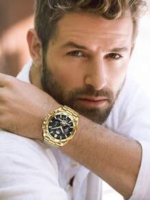 VA VA VOOM 1 Peça Relógio de Quartzo com Discadora Redonda da Moda, Pulseira de Aço Inoxidável Dourado, para o Dia a Dia, como Presente do Dia dos Pais ou Presente para Estudantes Voltando à Escola