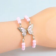 1pc Butterfly Charm Bracelet With 2pcs Versatile Colorful Retractable Handmade String Bracelets For Teenage Girls - Pink - View 1
