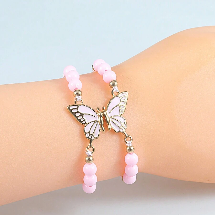 1pc Butterfly Charm Bracelet With 2pcs Versatile Colorful Retractable Handmade String Bracelets For Teenage Girls - Pink - View 1