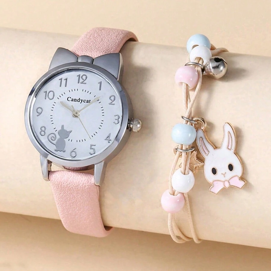 2pcs/Set Small Dial Minimalist Watch & Unicorn Pattern Bracelet, Suitable For Birthday, Halloween, Other Occasions - Pink - View 1