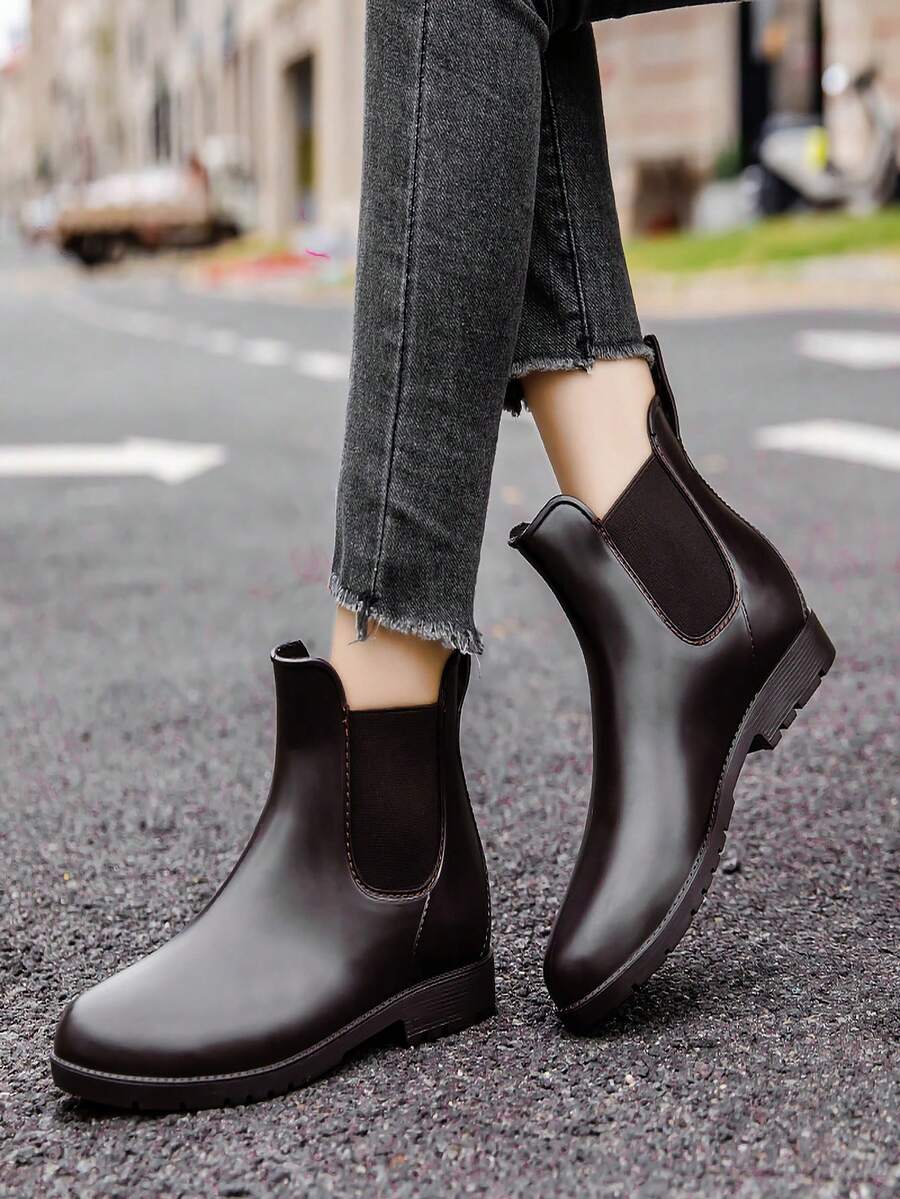 女款英倫風格切爾西雨靴,時尚防水短防滑工作靴 - 棕色 - 查看 1