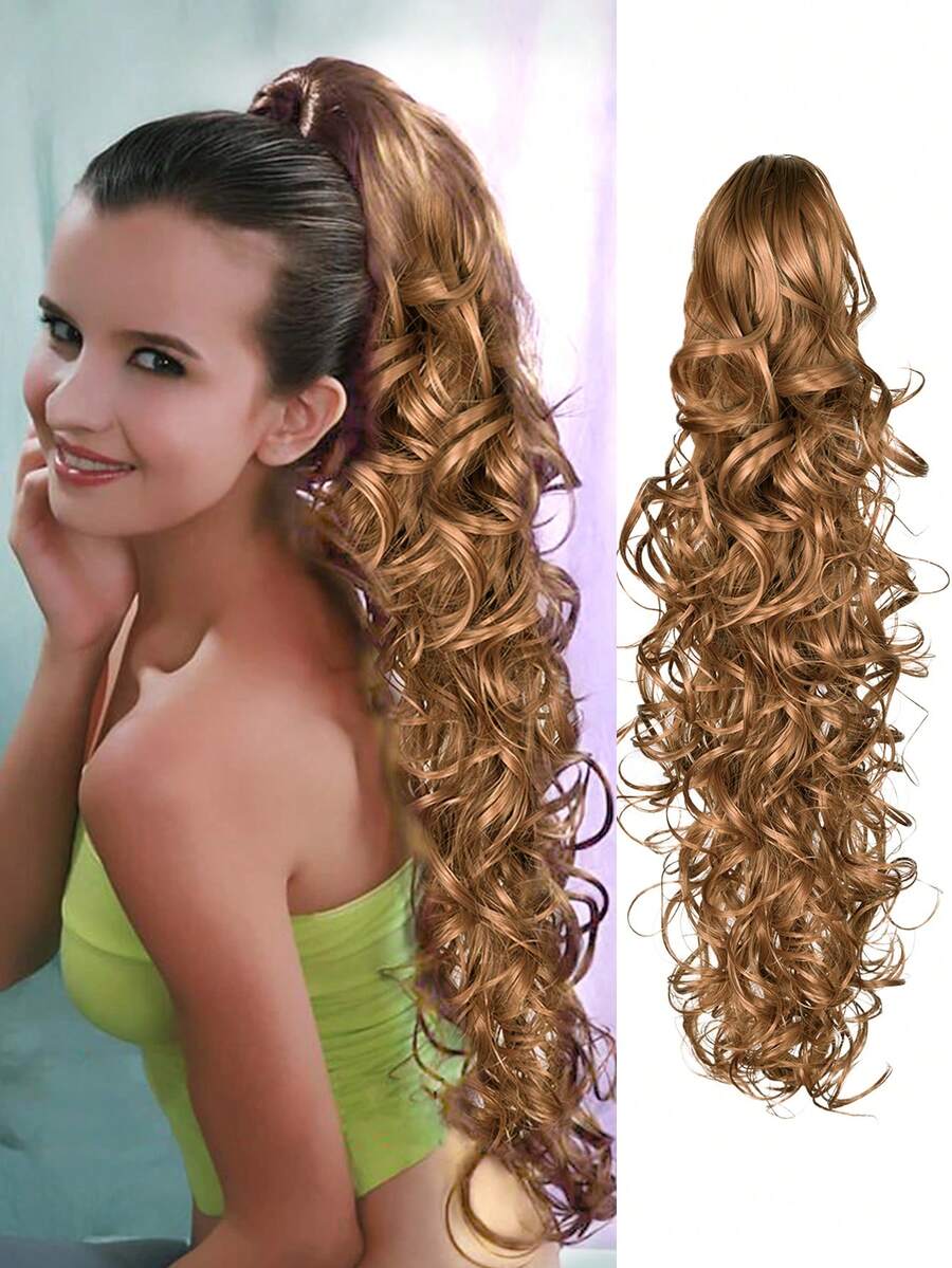 耐热纤维合成爪夹波浪形松散卷曲合成马尾辫接发 24 英寸 210 克马尾假发带发夹接发时尚派对圣诞新年女士礼物、时尚 Y2k、冬季圣诞装饰 - 棕色 - 查看 1