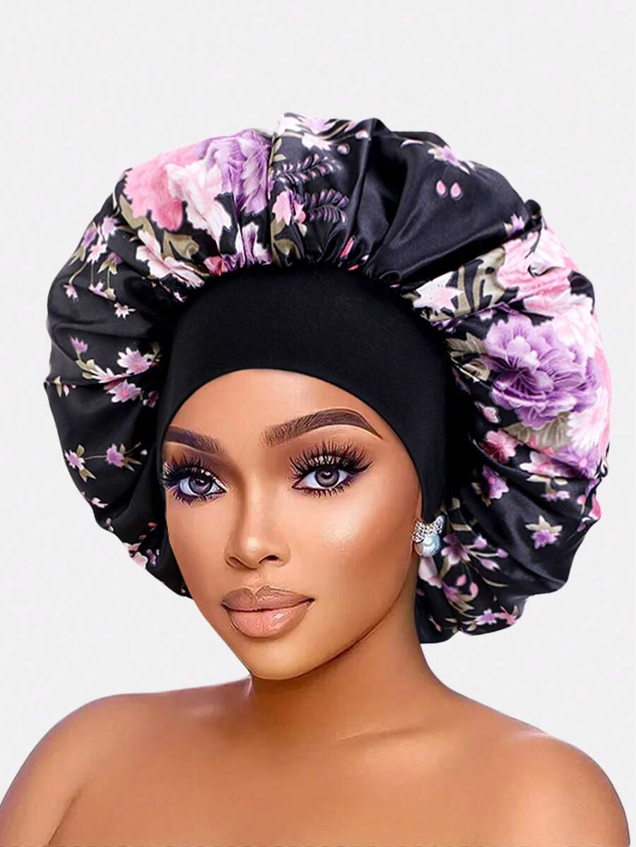 1頂extra Large尺寸女士睡眠帽,彩色花卉印花寬沿,彈性頭帶,圓帽,化療帽,脫髮帽 - 黑色 - 查看 1