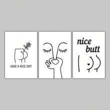 浴室三件套印刷套裝,極簡有趣的牆壁藝術、浴室牆壁裝飾、有趣的浴室標志、屁股印花、有趣的小廁所海報、客廁藝術、現代簡潔的設計、無框架 - 白色 - 查看 5