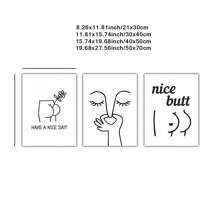 浴室三件套印刷套裝,極簡有趣的牆壁藝術、浴室牆壁裝飾、有趣的浴室標志、屁股印花、有趣的小廁所海報、客廁藝術、現代簡潔的設計、無框架 - 白色 - 查看 6