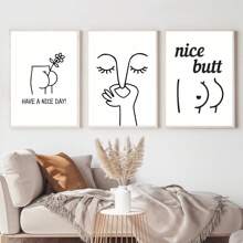 浴室三件套印刷套裝,極簡有趣的牆壁藝術、浴室牆壁裝飾、有趣的浴室標志、屁股印花、有趣的小廁所海報、客廁藝術、現代簡潔的設計、無框架 - 白色 - 查看 2