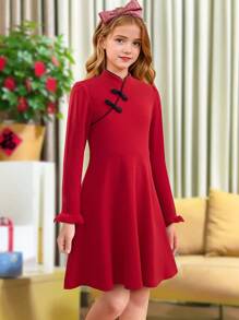 Tween Girl Vintage Puff Sleeve Mandarin Collar Chinese Style Cheongsam Dress - Red - View 3