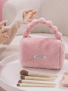 大容量可愛絨毛化妝包,適用於旅行及整理護膚品、手提化妝品和時尚配飾、多功能家居收納 - 灰色 - 查看 4