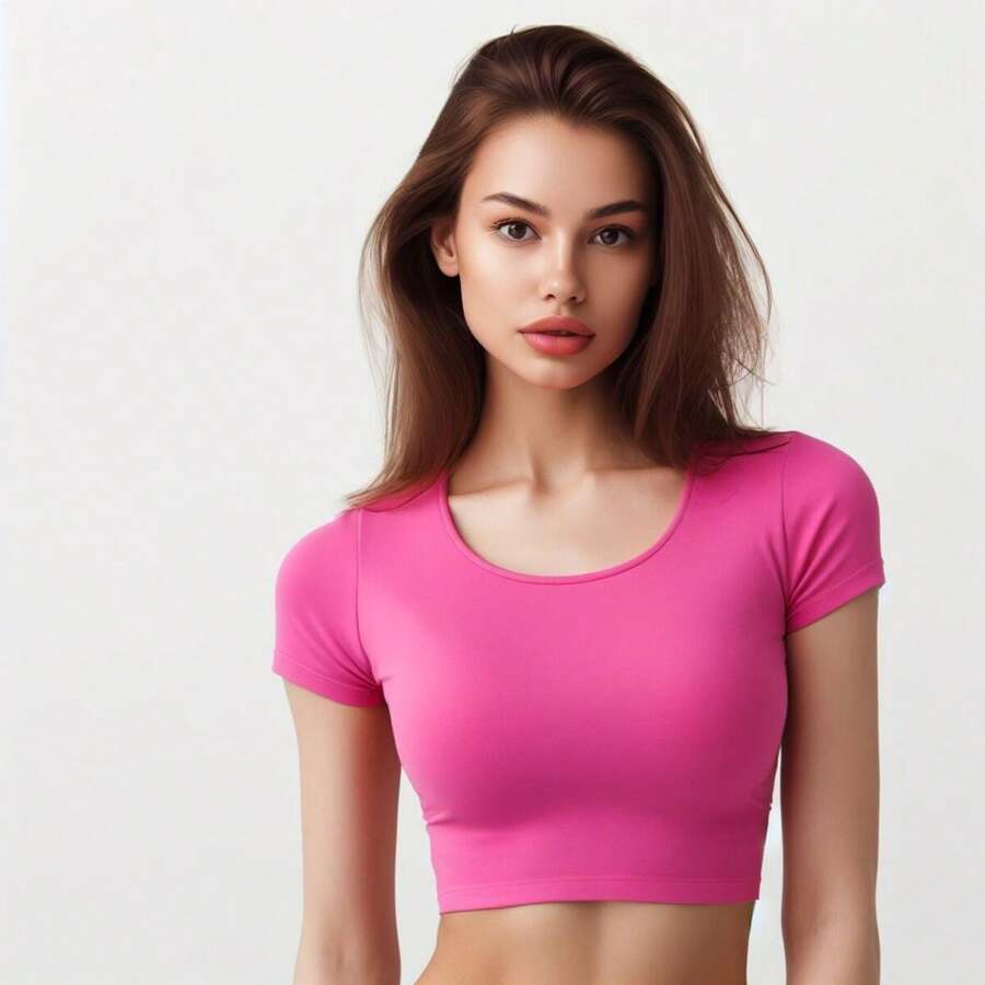 Crop Top Manga CORTA Slim Fit Cuello Redondo - Rosa Fucsia - Ver 1