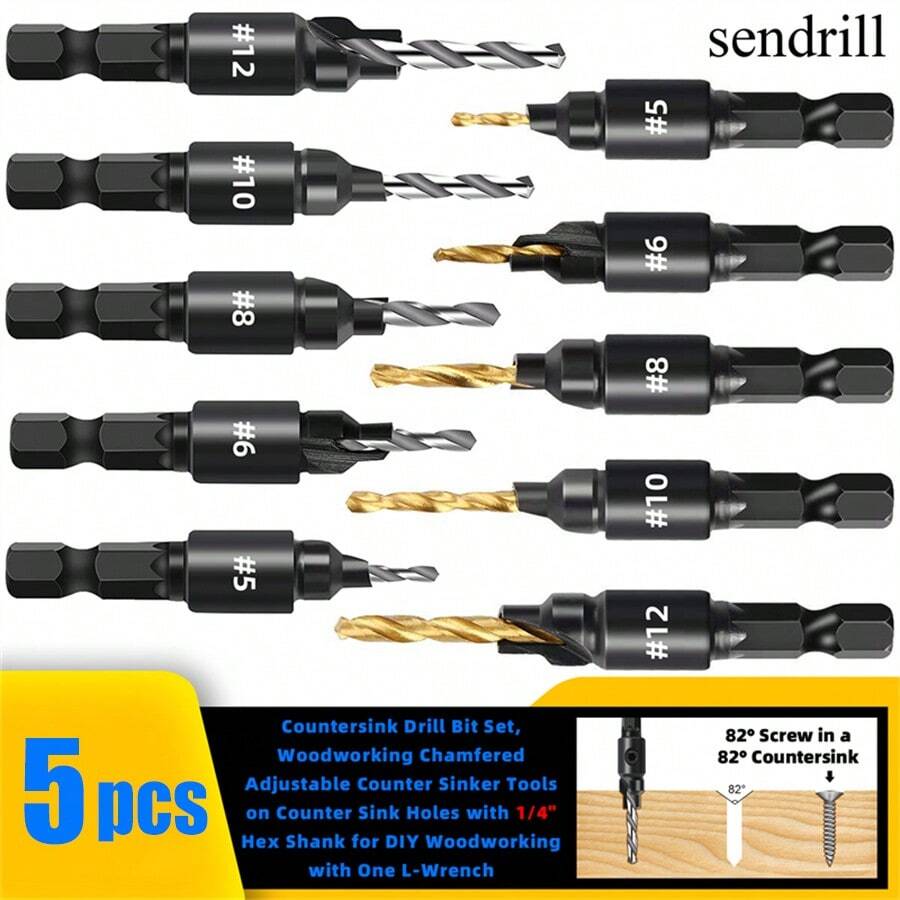 5入組木工埋頭錐鑽頭套裝，1/4"六角鑽裝配 #5#6#8#10#12 - 黑色 - 查看 1