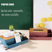 1pc New Style Tissue Box With Wooden Lid Plastic Remote Control Storage Case Living Room Desktop Organizer Multi-Functional Bedroom Tissue Box With Divided Storage Compartments - Multicolor - View 9