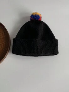 1pc Uncommon Striped Knit Hat With Cute Pom Pom And Color Block Design, Unisex Christmas Beanie - White - View 2