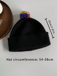 1pc Uncommon Striped Knit Hat With Cute Pom Pom And Color Block Design, Unisex Christmas Beanie - White - View 4