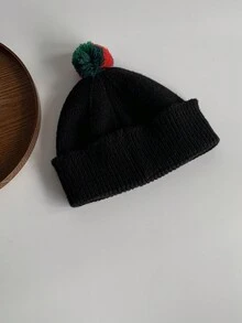 1pc Uncommon Striped Knit Hat With Cute Pom Pom And Color Block Design, Unisex Christmas Beanie - White - View 3