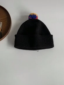 1pc Uncommon Striped Knit Hat With Cute Pom Pom And Color Block Design, Unisex Christmas Beanie - White - View 1