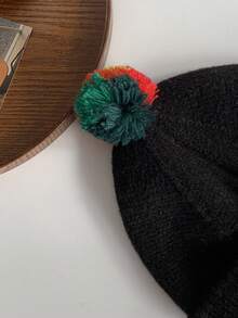 1pc Uncommon Striped Knit Hat With Cute Pom Pom And Color Block Design, Unisex Christmas Beanie - White - View 5