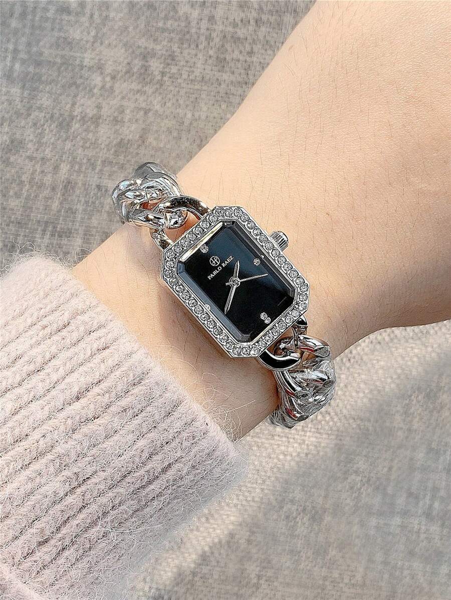 Pablo Raez 1pc Ladies Watch Gold Watch Women's Elegant Stainless Steel Bracelet Watch, Silver Stainless Steel & Rhinestone Decor Rectangular Case, Black Minimalist Dial, Jewelry Clasp, Waterproof, Full Automatic Quartz Electronic Wristwatch, Suitable For Daily Life, Work, Parties, And Decoration - Silver - View 1