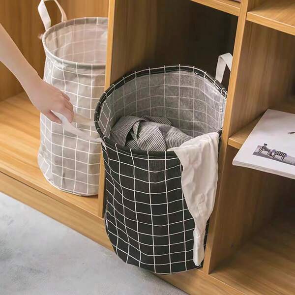 1pc Home Dirty Clothes Basket Gift Storage Organizer With Grid Cloth Foldable Waterproof Large Laundry Hamper For Bathroom, Bedroom And Room Storage