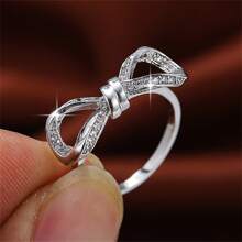 1pc Simple & Elegant Inlaid Bow Knot Ring - Silver - View 3