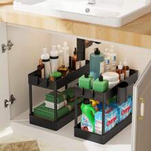 櫥櫃底部收納架,帶掛勾杯子的浴室櫥櫃收納架,可用於廚房浴室的多功能收納架 - 黑色 - 查看 9