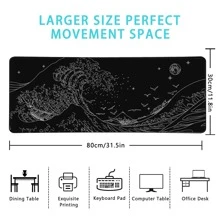 Black-White Gaming Laptop Mouse Pad,Sea Wave Big Mice Pads PC Keyboard - Black and White - View 4