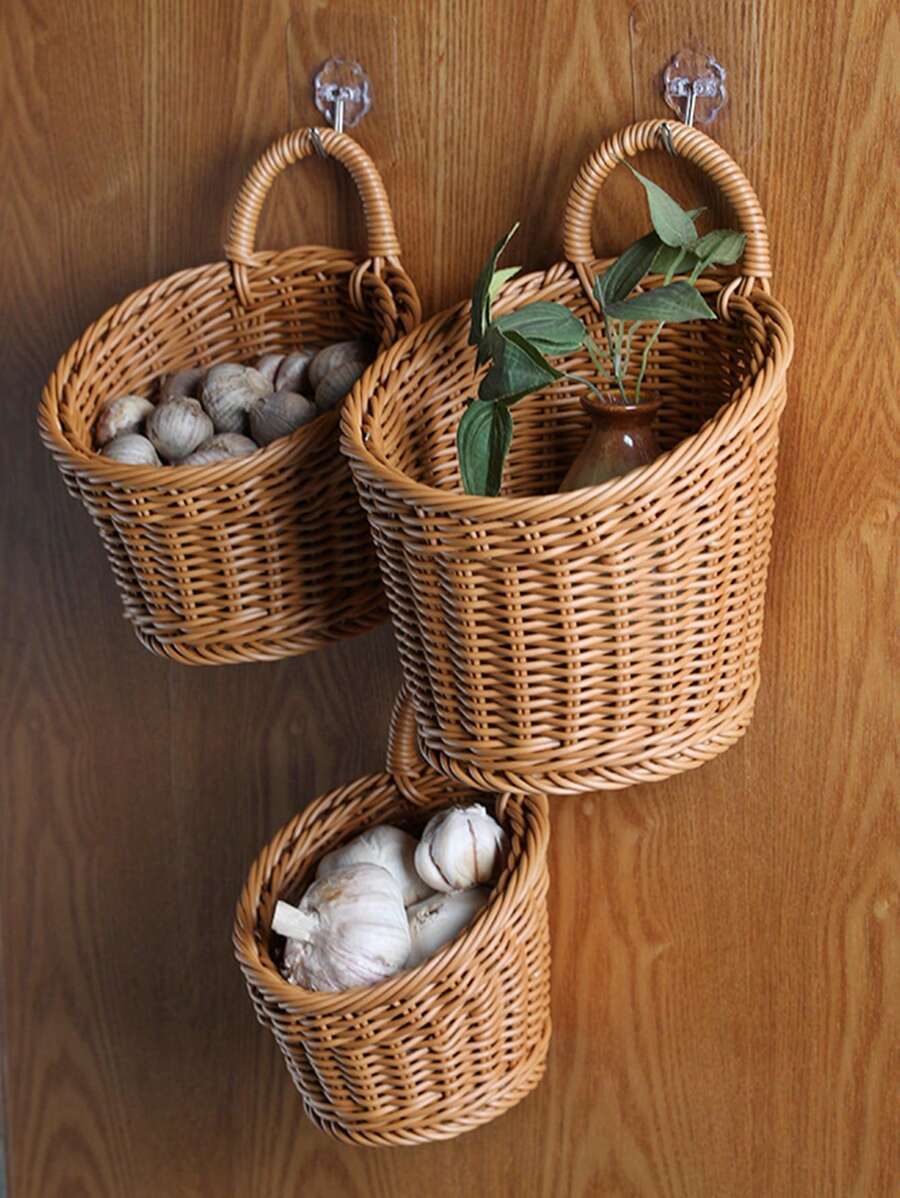 1 Miếng Creative PP Nhựa Hộp đựng để bàn Hộp , Phòng bếp Tỏi & gừng Giỏ lưu trữ , Retro Gắn trên tường Cầm tay Nhỏ bé Rổ , Kitchen Utensil Treo Rổ Đối với Tường - màu nâu - Xem 1