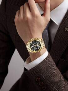 VA VA VOOM 1 Peça Relógio de Quartzo com Discadora Redonda da Moda, Pulseira de Aço Inoxidável Dourado, para o Dia a Dia, como Presente do Dia dos Pais ou Presente para Estudantes Voltando à Escola
