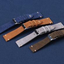 復古手工縫製手錶表帶20mm 22mm小腰休閒牛皮絨面皮帶 - 寶藍色 - 查看 7