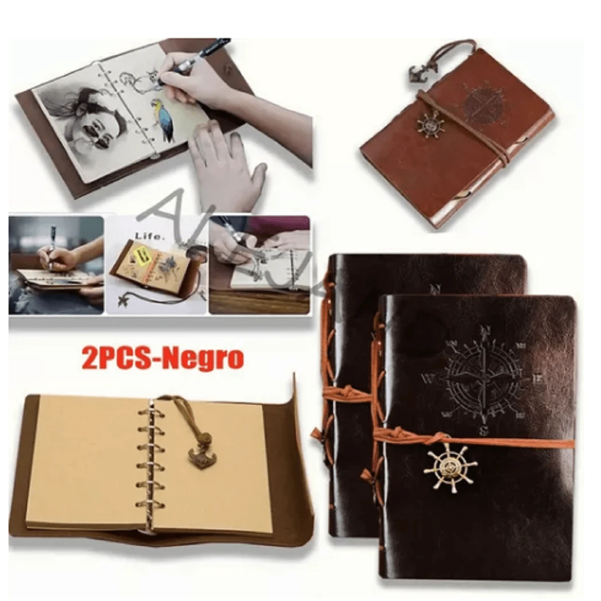 Libreta Vintage De Piel Cuaderno De Bolsillo - Negro - Ver 1