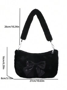 1pc Plush Women'S Crossbody Shoulder Bag With Bowknot Detail, Underarm Square Bag Valentines - Black - View 3