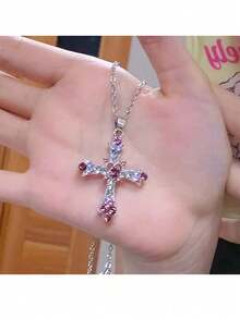 Nuevo Colgante Con Diseño De Cruz, Corazón Y Patrón De Vida De Estilo Gótico Con Diamantes De Imitación Para Collar De Clavícula De Mujer, Nuevo Colgante Con Diseño De Corazón De Cristal Rosa Y Planeta Estrellado Con Collar De Clavícula Con Diamantes De Imitación - Nueva cadena de clavícula de diamante rosa Love Life de industria pesada - Ver 6