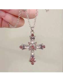 Nuevo Colgante Con Diseño De Cruz, Corazón Y Patrón De Vida De Estilo Gótico Con Diamantes De Imitación Para Collar De Clavícula De Mujer, Nuevo Colgante Con Diseño De Corazón De Cristal Rosa Y Planeta Estrellado Con Collar De Clavícula Con Diamantes De Imitación - Nueva cadena de clavícula de diamante rosa Love Life de industria pesada - Ver 3