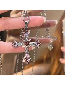 Nuevo Colgante Con Diseño De Cruz, Corazón Y Patrón De Vida De Estilo Gótico Con Diamantes De Imitación Para Collar De Clavícula De Mujer, Nuevo Colgante Con Diseño De Corazón De Cristal Rosa Y Planeta Estrellado Con Collar De Clavícula Con Diamantes De Imitación - Nueva cadena de clavícula de diamante rosa Love Life de industria pesada - Ver 8