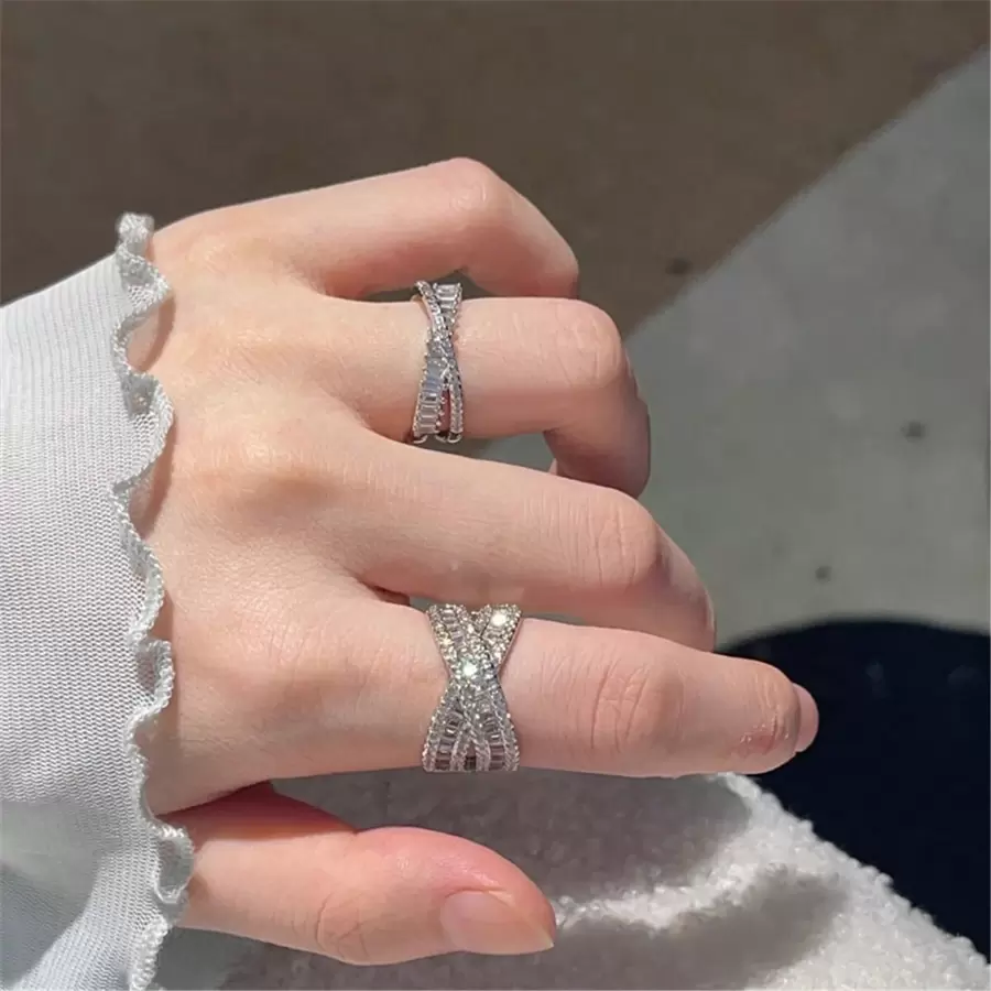 VKHK 2 cái/bộ Sang trọng Khối Zirconia Dát Đầy Vượt qua Trang trí Mở Bộ nhẫn Thích hợp Đối với Của phụ nữ Mặc hàng ngày Và Lễ cưới - Bạc - Xem 1