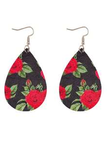 1 對新款皮革淚滴形玫瑰花吊式耳環女款印花耳飾 - 紅色 - 查看 5