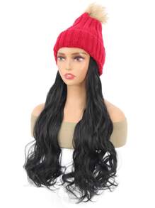 18 Inch Long Red Knit Hat With Pom-Pom, Big Wavy Hair And Warmth Perfect For Winter - Black - View 1