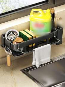 Kitchen Sink Rack Wall-Mounted Multi-Functional Drainage Rack Sponge & Cloth & Dishwashing Liquid Storage Organizer - Black - View 2