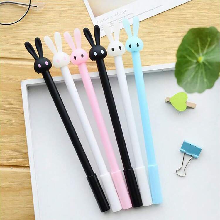 Caneta De Papelaria Estudantil Em Forma De Coelho De Gelatina Bonita, Em Formato De Gel De 6 Peças - Recarga preta - Visão 1