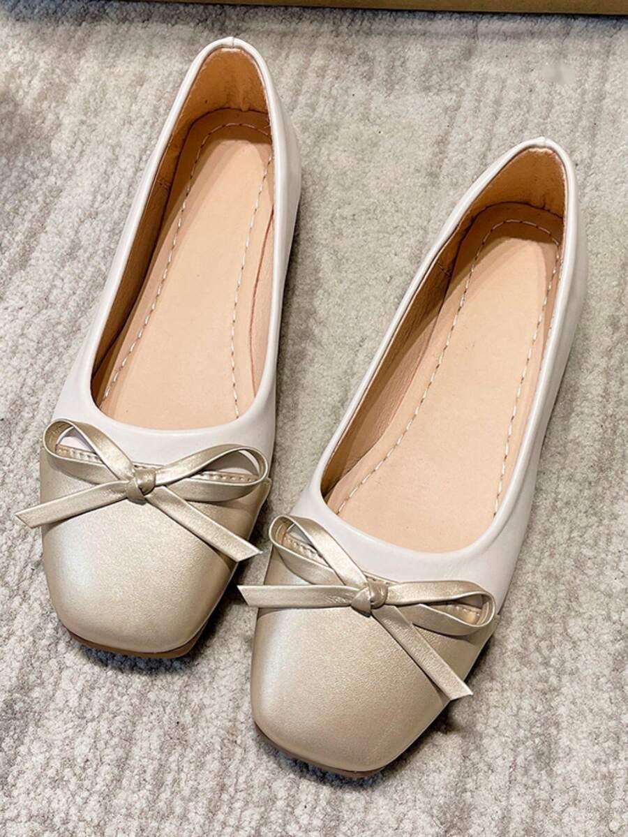 秋春季新款單色扁鞋，帶蝴蝶結裝飾和方頭設計，適合中老年婦女，易穿脫的懶人鞋，柔軟的鞋底 - 米色 - 查看 1